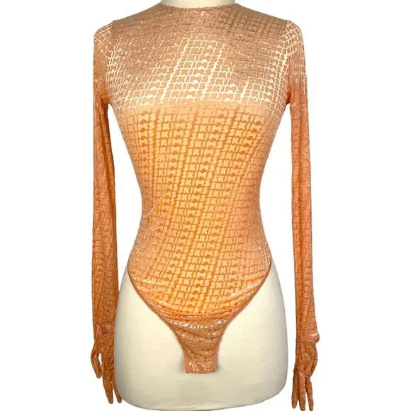 Skims Velvet Glove Bodysuit in Peach Orange Pink Open Back Gloved Cheeky Catsuit - Picture 2 of 8